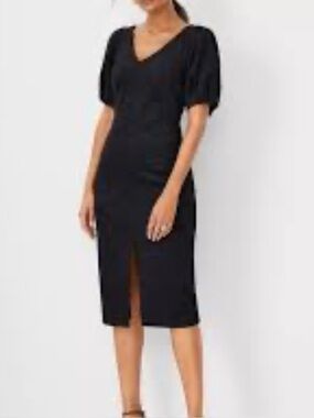 Ann Taylor Black V-Neck Puff Sleeve Midi with Front Slit faux suede